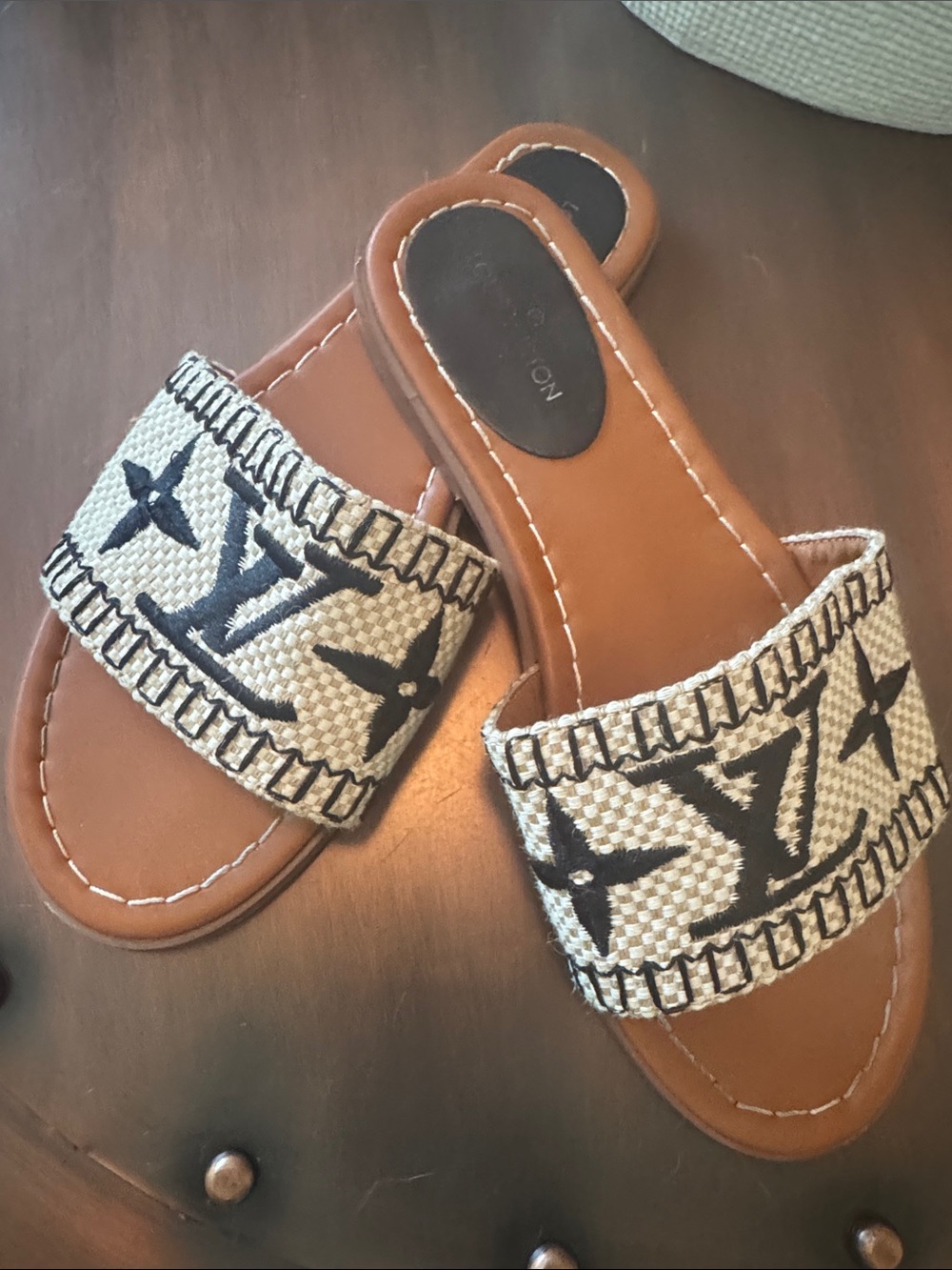 Louis Vuitton Brown Leather Slide Sandals with Beige Monogram Canvas Strap - Picture 2 of 2
